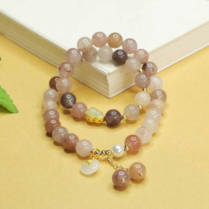 Wear FengShui Natural Golden Silk Jade Double Layer Gourd Peace Buckle Luck Bracelet