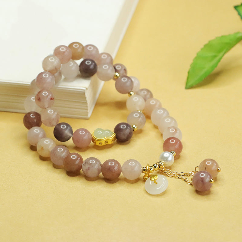 Wear FengShui Natural Golden Silk Jade Double Layer Gourd Peace Buckle Luck Bracelet