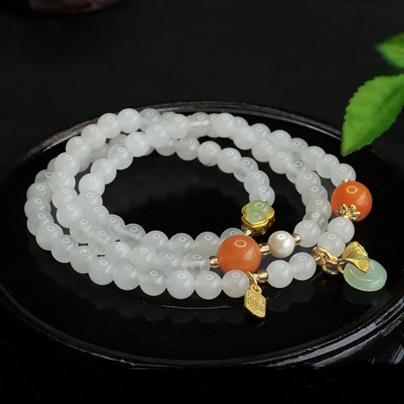 Wear FengShui Natural White Jade Multi-layer Gourd Peace Buckle Fu Character Luck Bracelet