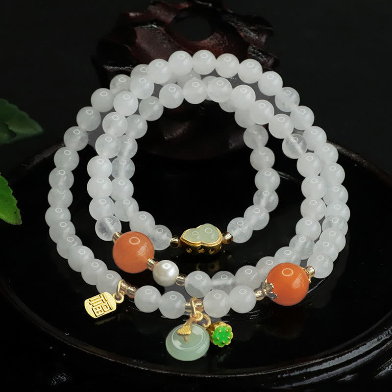 Wear FengShui Natural White Jade Multi-layer Gourd Peace Buckle Fu Character Luck Bracelet