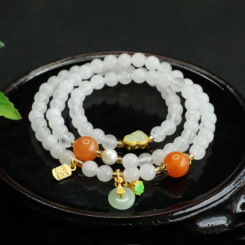 Wear FengShui Natural White Jade Multi-layer Gourd Peace Buckle Fu Character Luck Bracelet