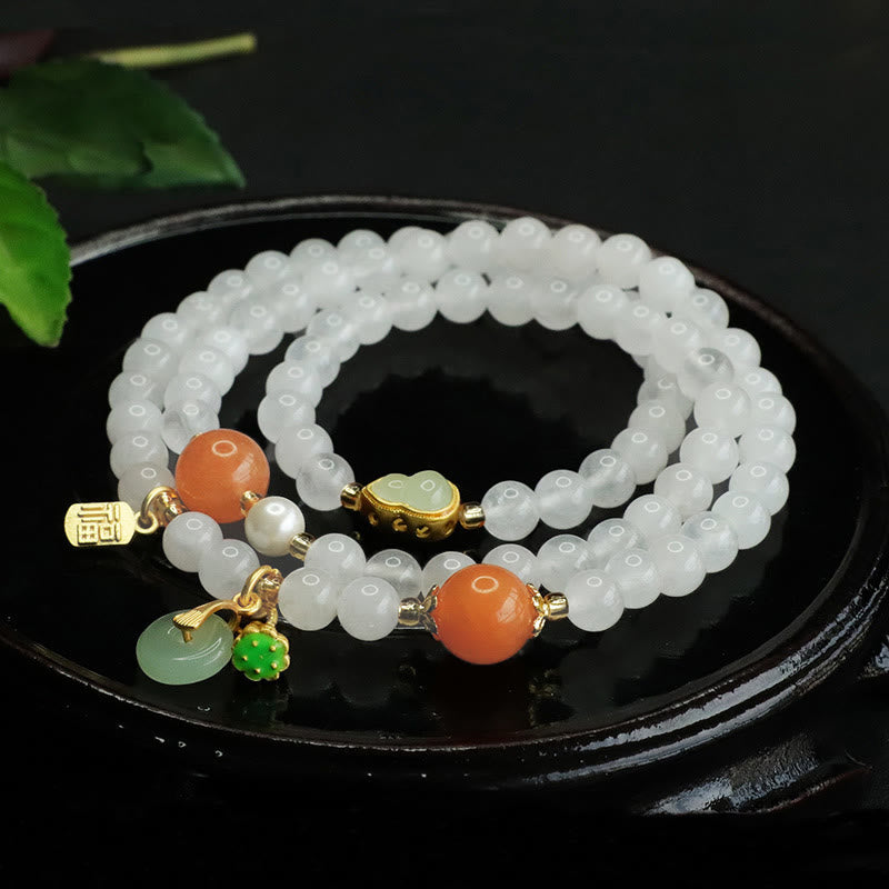 Wear FengShui Natural White Jade Multi-layer Gourd Peace Buckle Fu Character Luck Bracelet