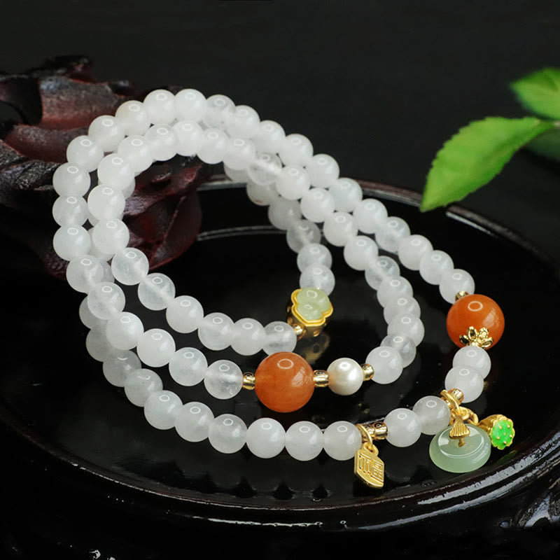 Wear FengShui Natural White Jade Multi-layer Gourd Peace Buckle Fu Character Luck Bracelet