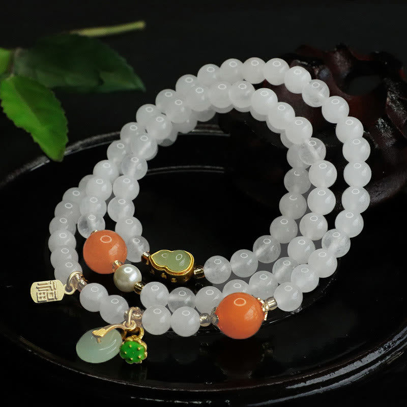 Wear FengShui Natural White Jade Multi-layer Gourd Peace Buckle Fu Character Luck Bracelet