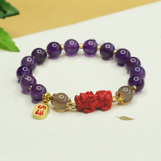 Wear FengShui Natural Amethyst Cinnabar Pi Xiu Fu Character Balance Bracelet