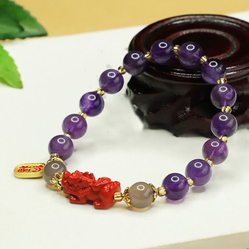 Wear FengShui Natural Amethyst Cinnabar Pi Xiu Fu Character Balance Bracelet