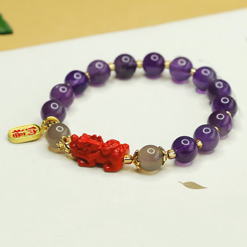 Wear FengShui Natural Amethyst Cinnabar Pi Xiu Fu Character Balance Bracelet