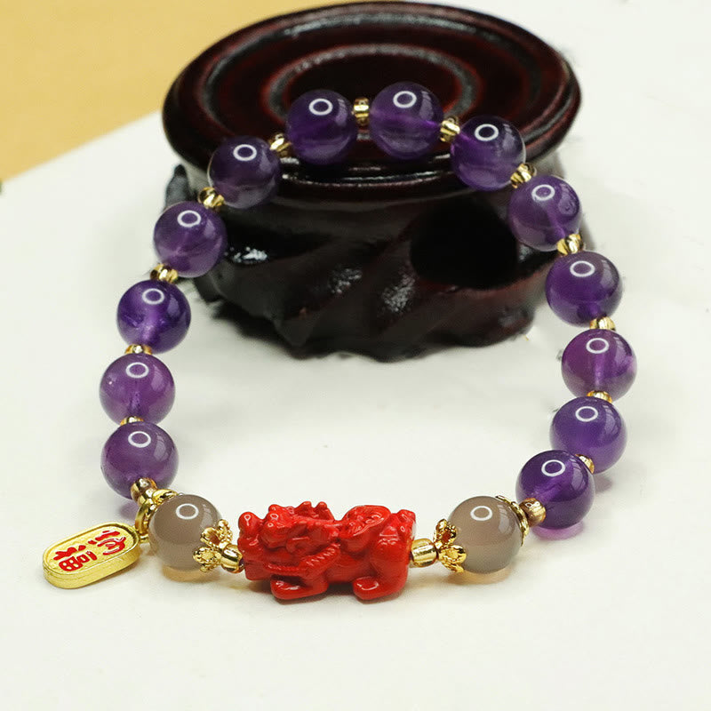 Wear FengShui Natural Amethyst Cinnabar Pi Xiu Fu Character Balance Bracelet