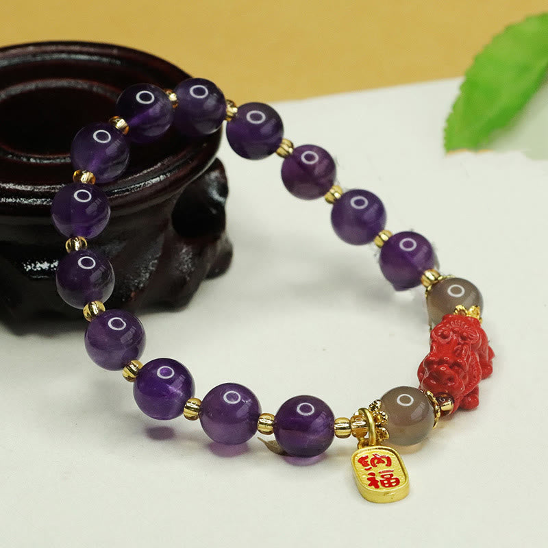Wear FengShui Natural Amethyst Cinnabar Pi Xiu Fu Character Balance Bracelet