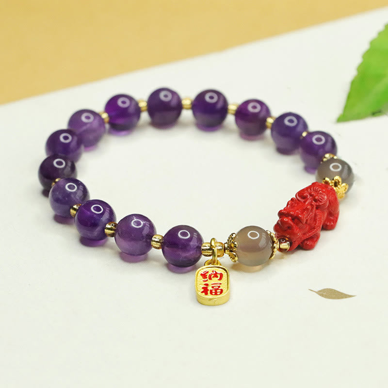 Wear FengShui Natural Amethyst Cinnabar Pi Xiu Fu Character Balance Bracelet