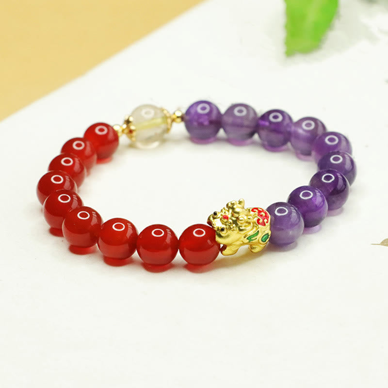Wear FengShui Natural Amethyst Red Agate Pi Xiu Balance Bracelet