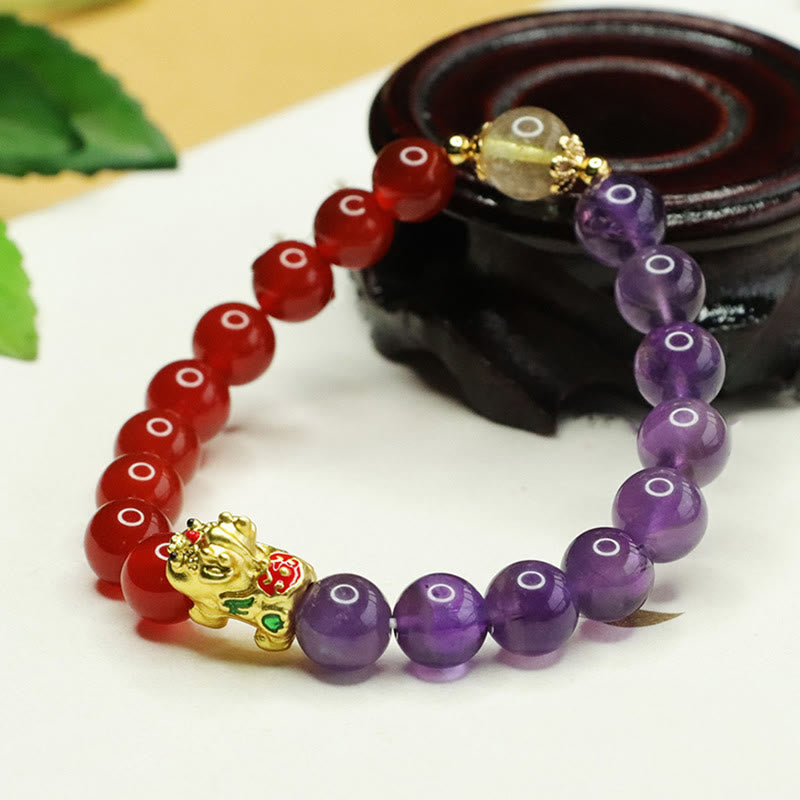 Wear FengShui Natural Amethyst Red Agate Pi Xiu Balance Bracelet