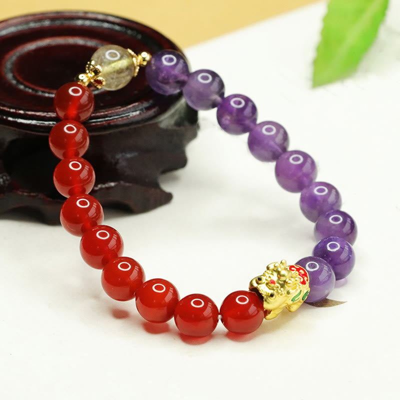 Wear FengShui Natural Amethyst Red Agate Pi Xiu Balance Bracelet