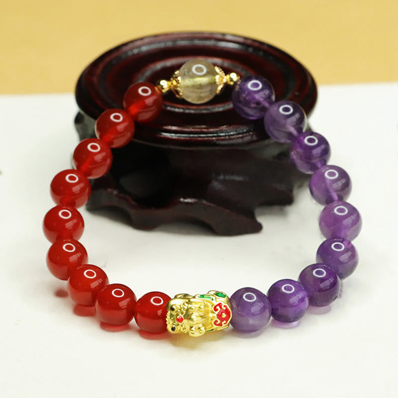 Wear FengShui Natural Amethyst Red Agate Pi Xiu Balance Bracelet