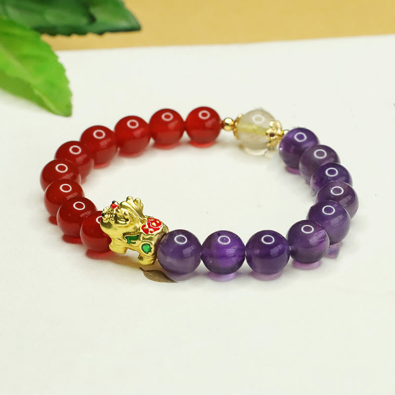 Wear FengShui Natural Amethyst Red Agate Pi Xiu Balance Bracelet