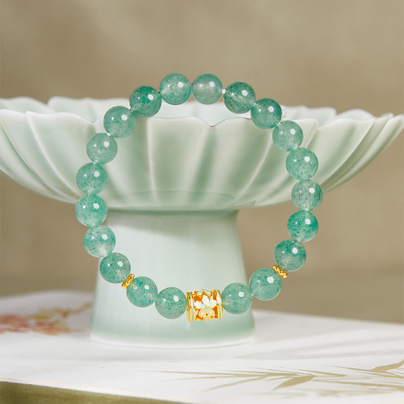 Wear FengShui 925 Sterling Silver Green Strawberry Quartz Flower Calm Bracelet