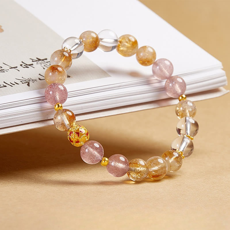 Wear FengShui 999 Sterling Silver Citrine Strawberry Quartz White Crystal Protection Bracelet