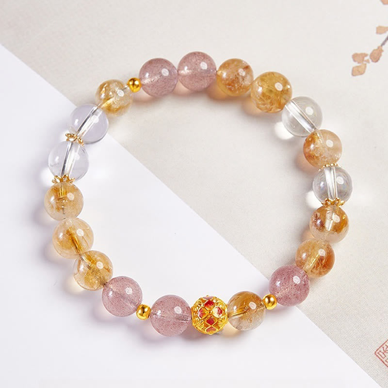 Wear FengShui 999 Sterling Silver Citrine Strawberry Quartz White Crystal Protection Bracelet