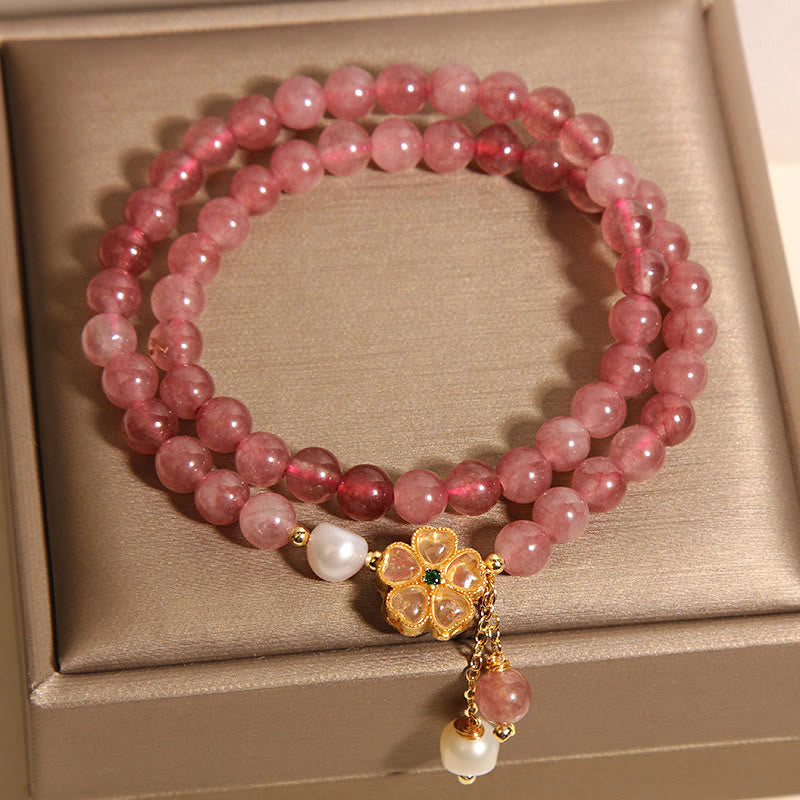Wear FengShui Strawberry Quartz Four Leaf Clover Double Wrap Design Positive Bracelet