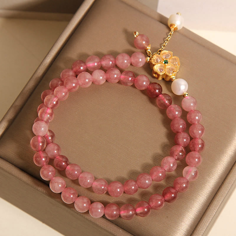 Wear FengShui Strawberry Quartz Four Leaf Clover Double Wrap Design Positive Bracelet