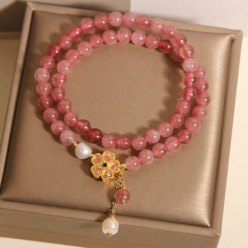 Wear FengShui Strawberry Quartz Four Leaf Clover Double Wrap Design Positive Bracelet