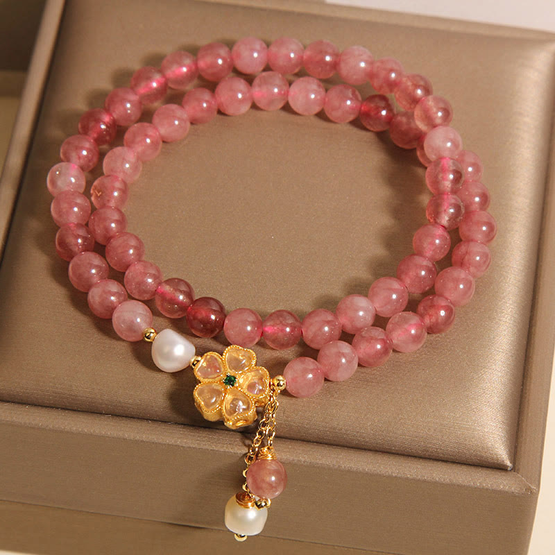 Wear FengShui Strawberry Quartz Four Leaf Clover Double Wrap Design Positive Bracelet