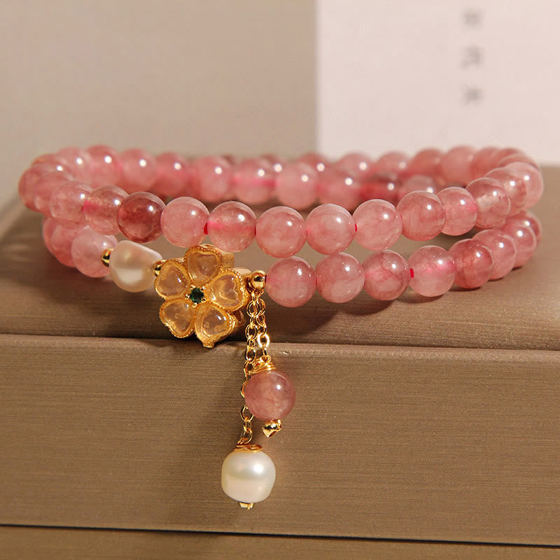 Wear FengShui Strawberry Quartz Four Leaf Clover Double Wrap Design Positive Bracelet