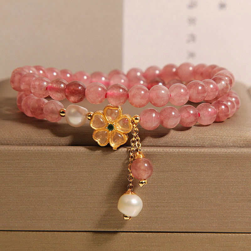 Wear FengShui Strawberry Quartz Four Leaf Clover Double Wrap Design Positive Bracelet