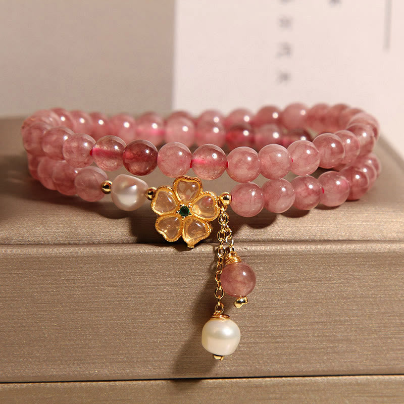 Wear FengShui Strawberry Quartz Four Leaf Clover Double Wrap Design Positive Bracelet