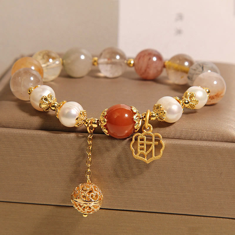 Wear FengShui Natural Rutilated Quartz Pearl Attract Fortune Wealth Bracelet