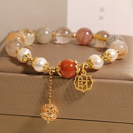 Wear FengShui Natural Rutilated Quartz Pearl Attract Fortune Wealth Bracelet