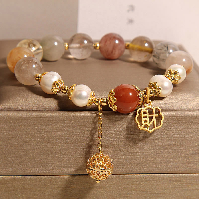 Wear FengShui Natural Rutilated Quartz Pearl Attract Fortune Wealth Bracelet