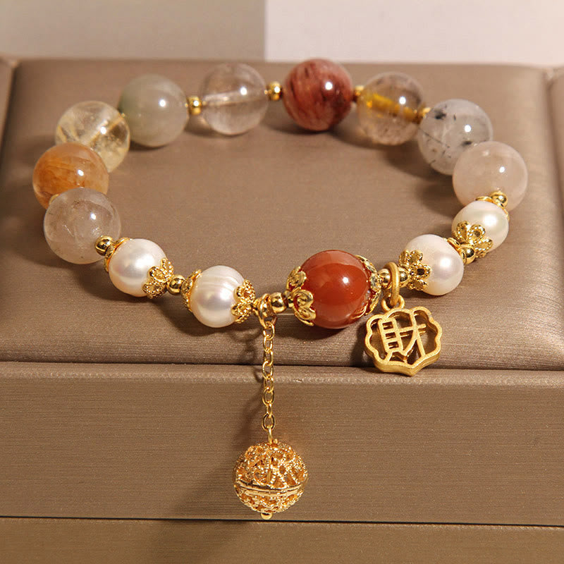 Wear FengShui Natural Rutilated Quartz Pearl Attract Fortune Wealth Bracelet
