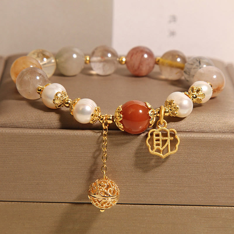 Wear FengShui Natural Rutilated Quartz Pearl Attract Fortune Wealth Bracelet