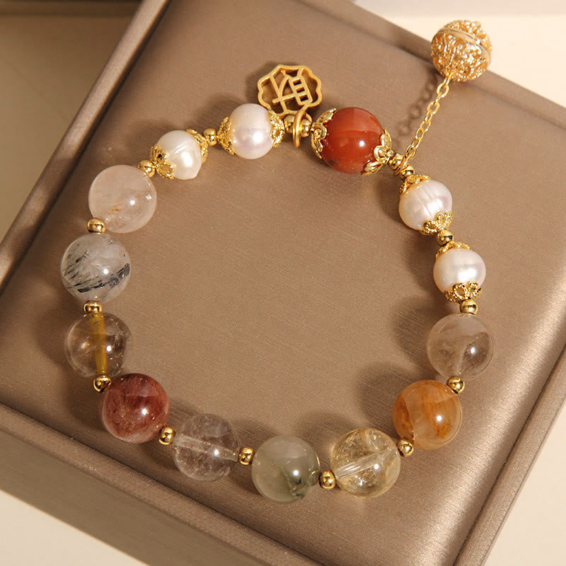 Wear FengShui Natural Rutilated Quartz Pearl Attract Fortune Wealth Bracelet