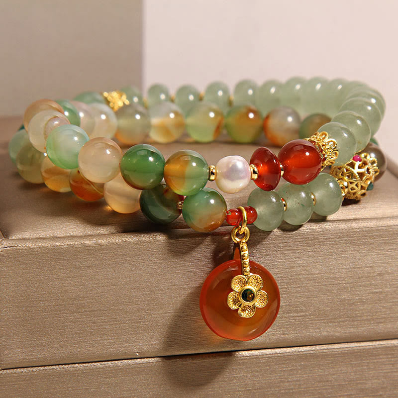 Wear FengShui Natural Colorful Peacock Agate Flower Peace Buckle Pearl Double Layer Support Bracelet