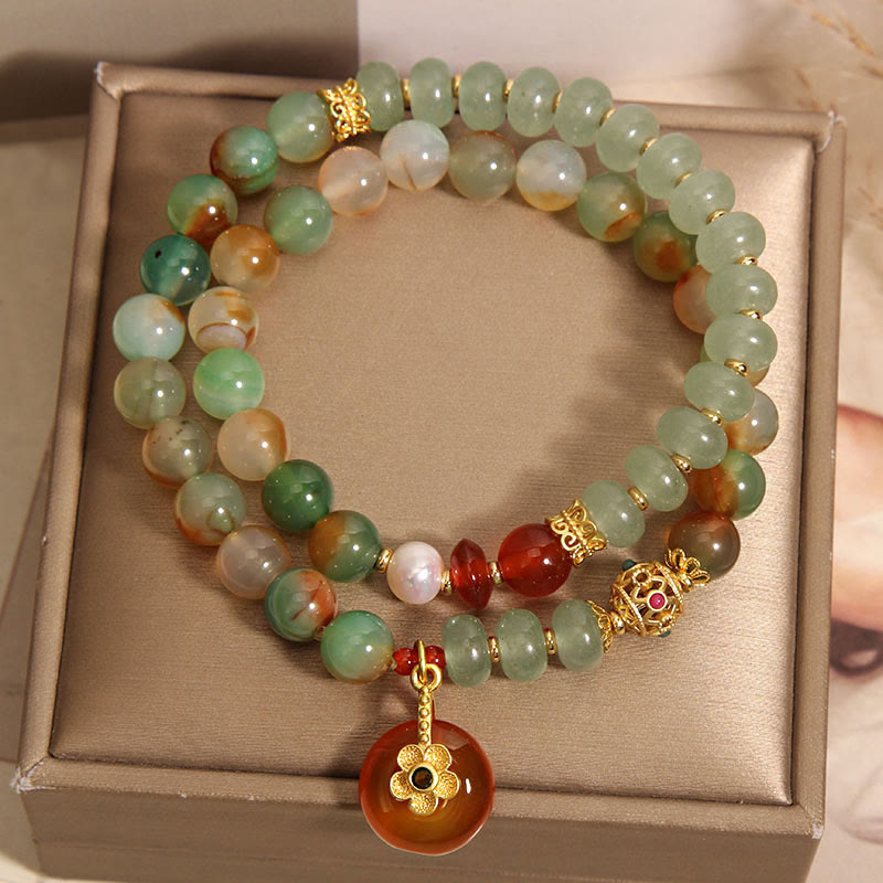 Wear FengShui Natural Colorful Peacock Agate Flower Peace Buckle Pearl Double Layer Support Bracelet