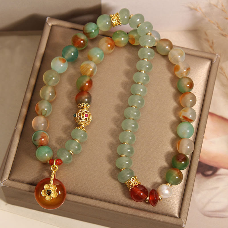 Wear FengShui Natural Colorful Peacock Agate Flower Peace Buckle Pearl Double Layer Support Bracelet