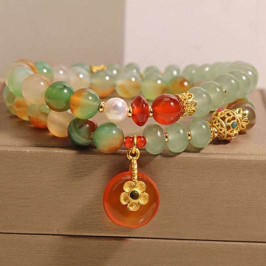 Wear FengShui Natural Colorful Peacock Agate Flower Peace Buckle Pearl Double Layer Support Bracelet