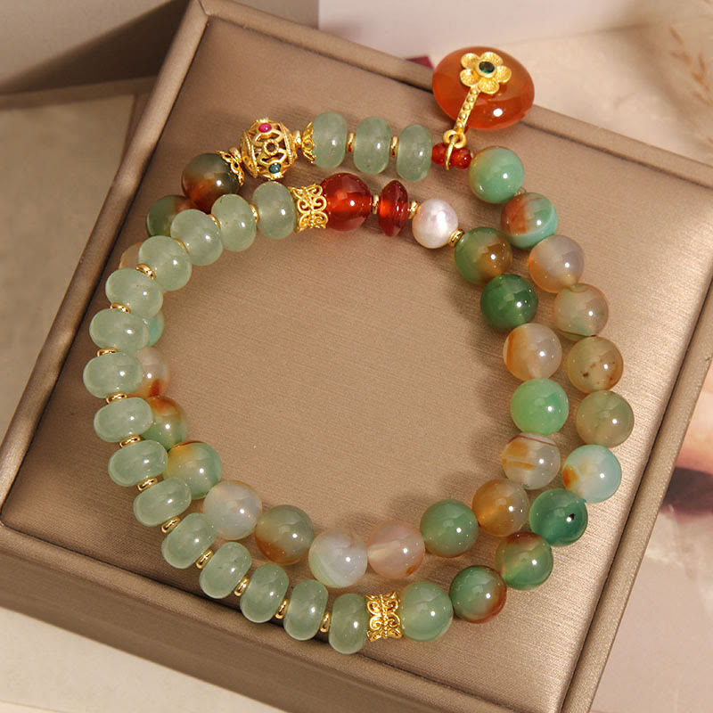 Wear FengShui Natural Colorful Peacock Agate Flower Peace Buckle Pearl Double Layer Support Bracelet