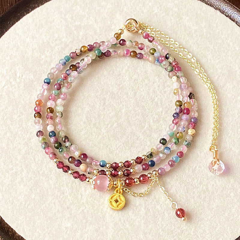 Wear FengShui 2.5 mm Irregular Beads Colored Tourmaline Coin Wisdom Bracelet