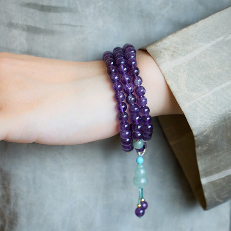 Wear FengShui Natural Amethyst Beads Coin Hanging Gourd Chalcedony Lotus Balance Multi-layer Bracelet