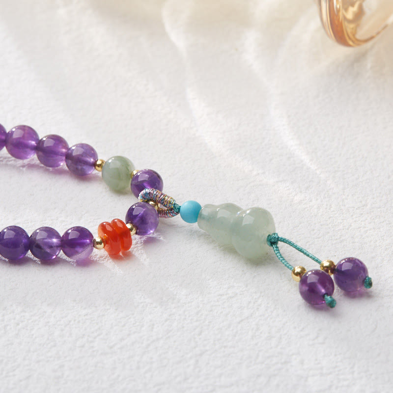 Wear FengShui Natural Amethyst Beads Coin Hanging Gourd Chalcedony Lotus Balance Multi-layer Bracelet