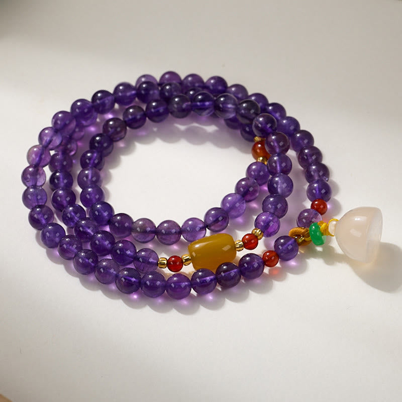 Wear FengShui Natural Amethyst Beads Coin Hanging Gourd Chalcedony Lotus Balance Multi-layer Bracelet