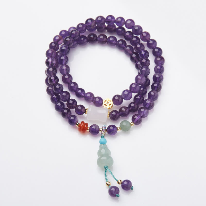 Wear FengShui Natural Amethyst Beads Coin Hanging Gourd Chalcedony Lotus Balance Multi-layer Bracelet