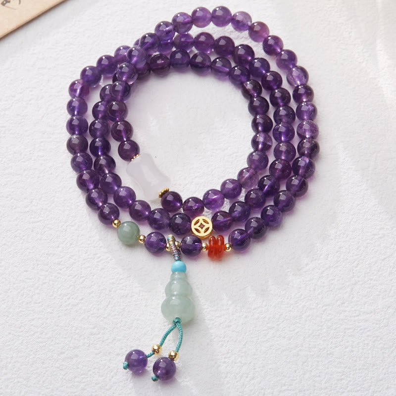 Wear FengShui Natural Amethyst Beads Coin Hanging Gourd Chalcedony Lotus Balance Multi-layer Bracelet