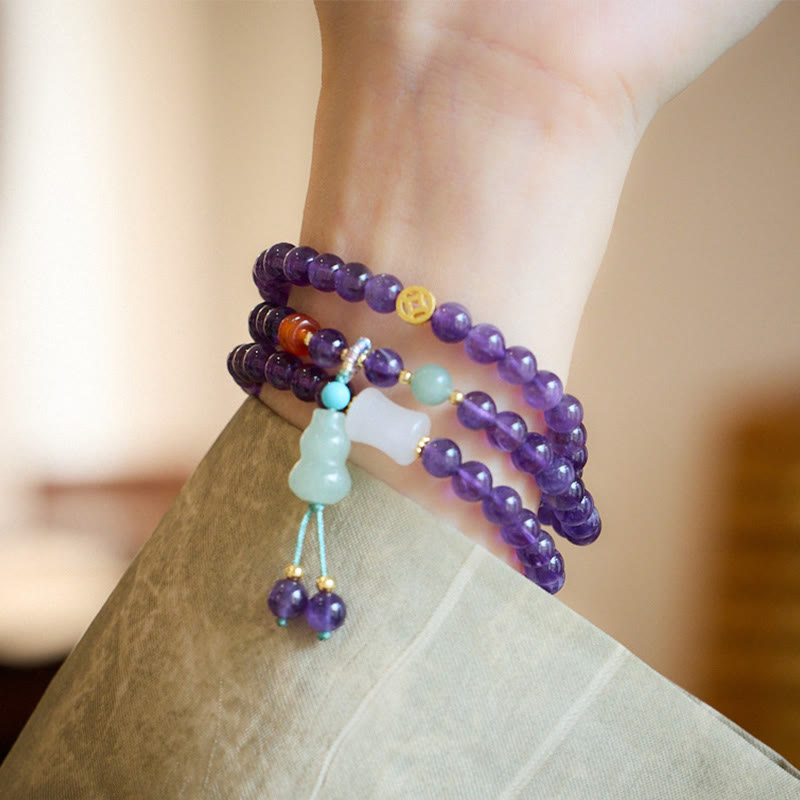 Wear FengShui Natural Amethyst Beads Coin Hanging Gourd Chalcedony Lotus Balance Multi-layer Bracelet
