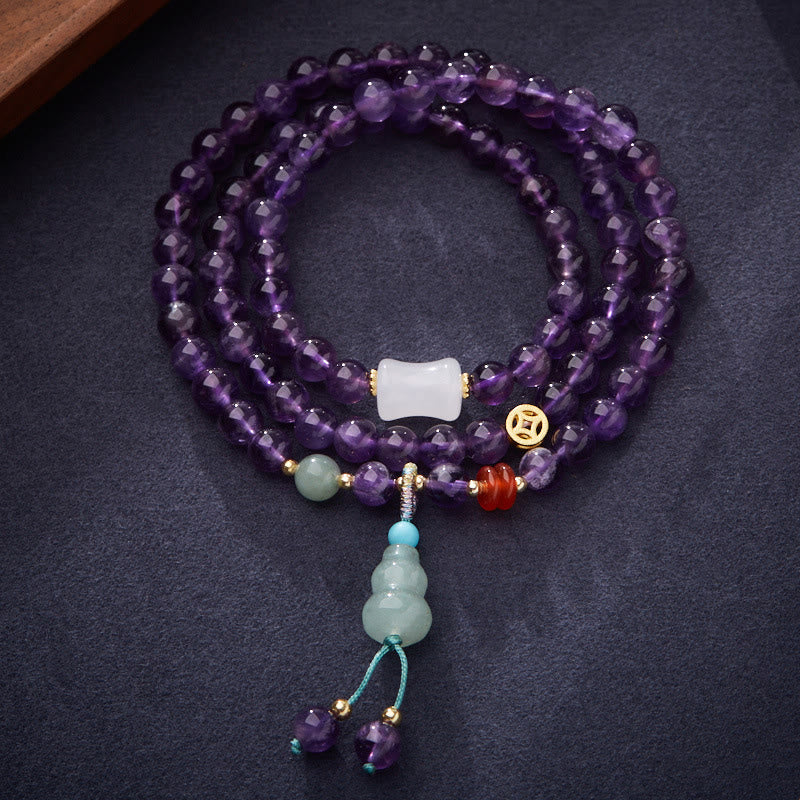 Wear FengShui Natural Amethyst Beads Coin Hanging Gourd Chalcedony Lotus Balance Multi-layer Bracelet