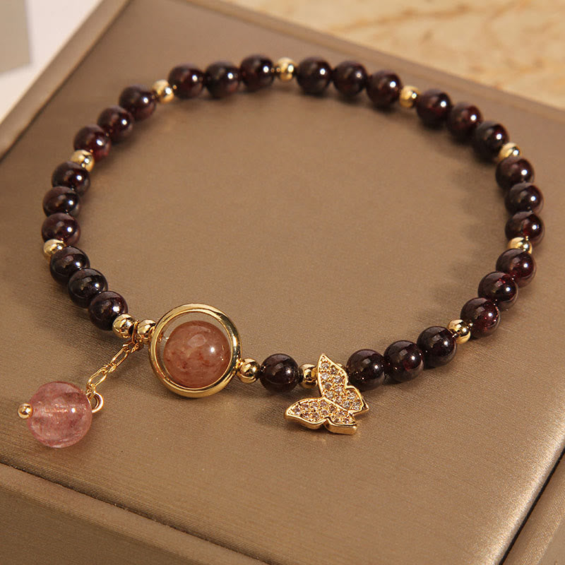 Wear FengShui Natural 3mm Ultra-thin Garnet Strawberry Quartz Butterfly Calm Bracelet