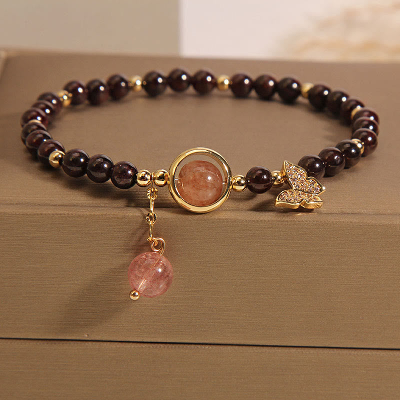 Wear FengShui Natural 3mm Ultra-thin Garnet Strawberry Quartz Butterfly Calm Bracelet